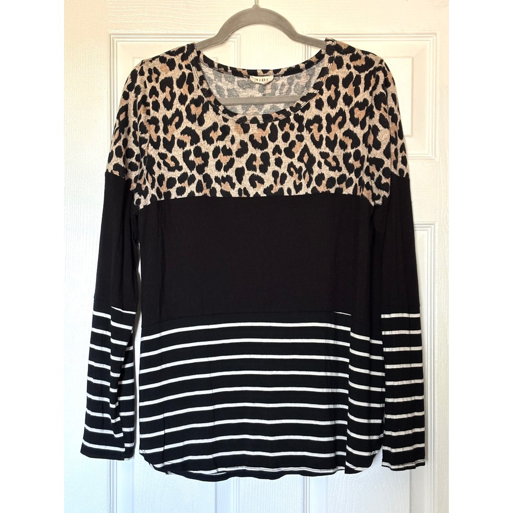 BiBi Mixed Print Leopard Stripe Long Sleeve Top Black Tan White Large